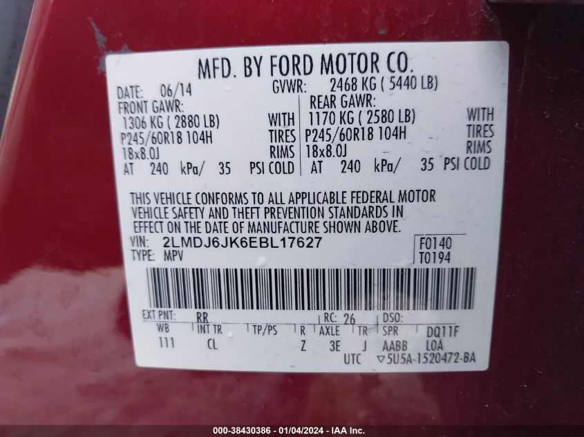 2014 LINCOLN MKX - 2LMDJ6JK6EBL17627