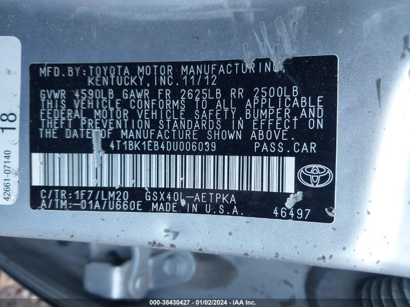 2013 TOYOTA AVALON PREMIUM/TOURING/LIMITED - 4T1BK1EB4DU006039