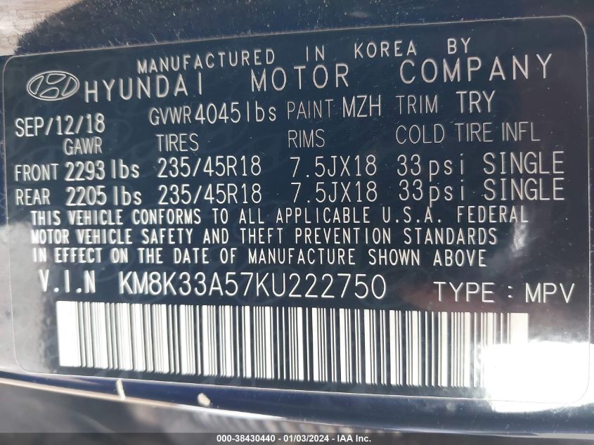 2019 HYUNDAI KONA LIMITED - KM8K33A57KU222750