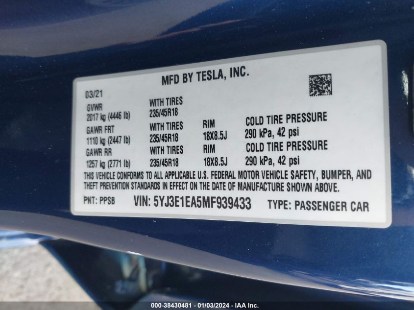 2021 TESLA MODEL 3 STANDARD RANGE PLUS REAR-WHEEL DRIVE - 5YJ3E1EA5MF939433