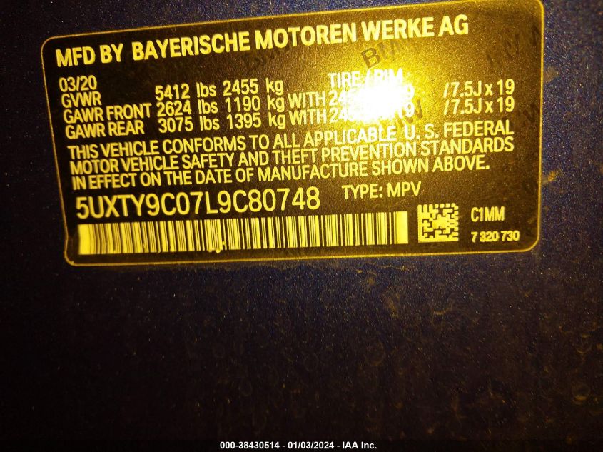 2020 BMW X3 XDRIVEM40I - 5UXTY9C07L9C80748
