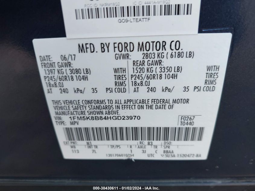 2017 FORD EXPLORER - 1FM5K8B84HGD23970
