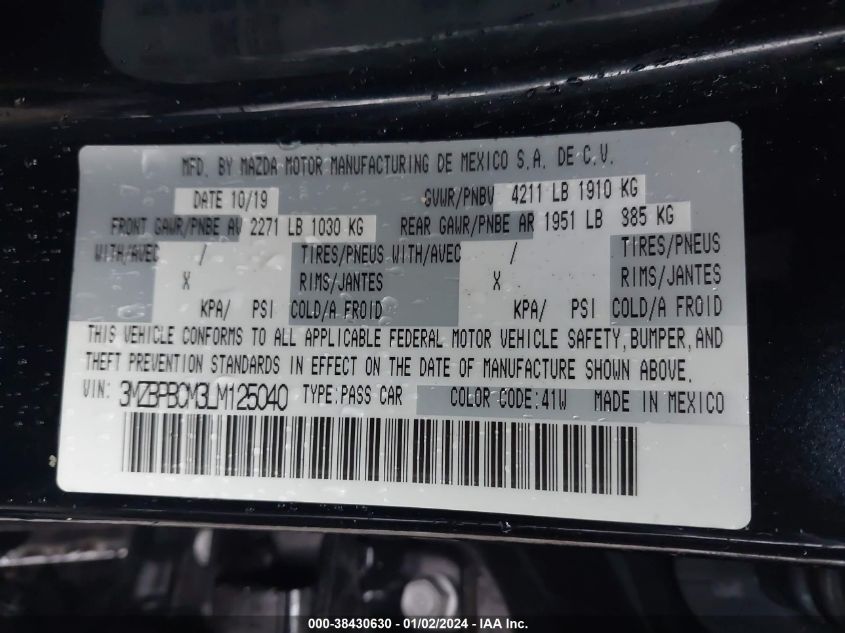 2020 MAZDA MAZDA3 SELECT PACKAGE - 3MZBPBCM3LM125040