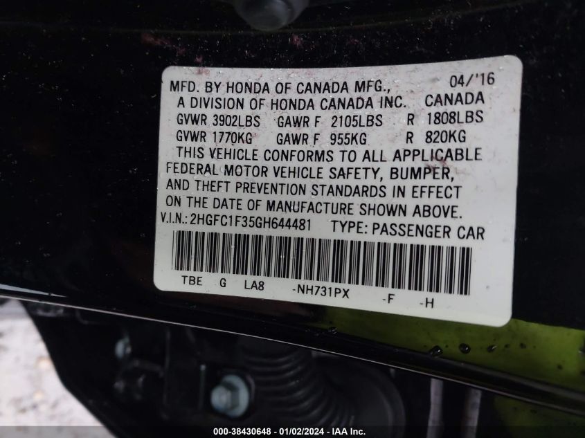 2016 HONDA CIVIC EX - 2HGFC1F35GH644481