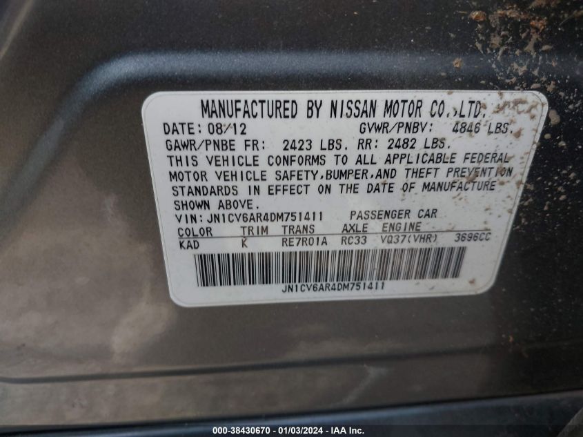 2013 INFINITI G37X - JN1CV6AR4DM751411