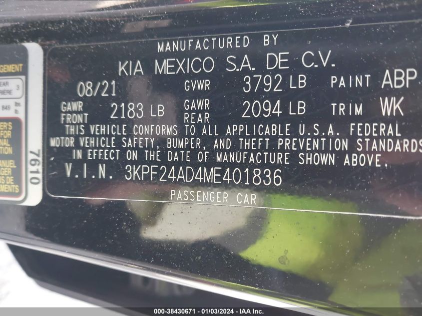 2021 KIA FORTE FE/LXS - 3KPF24AD4ME401836