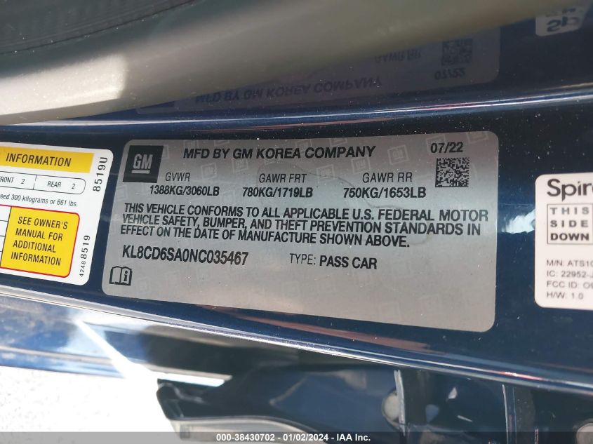 2022 CHEVROLET SPARK 1LT - KL8CD6SA0NC035467