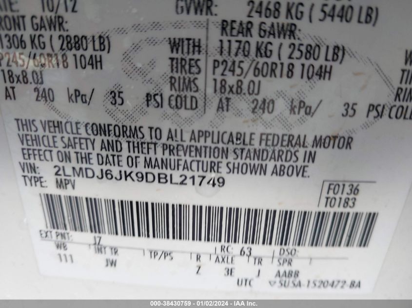 2013 LINCOLN MKX - 2LMDJ6JK9DBL21749