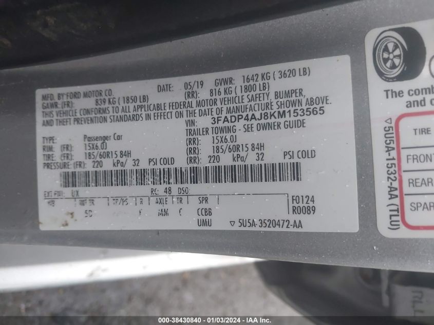 2019 FORD FIESTA S - 3FADP4AJ8KM153565