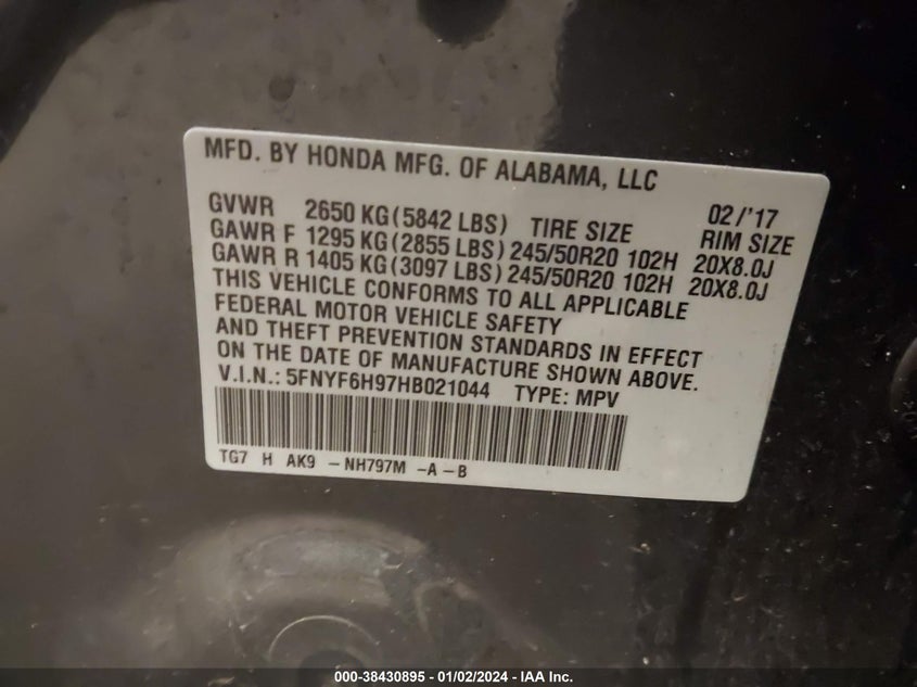 VIN 5FNYF6H97HB021044 2017 HONDA PILOT TOURING