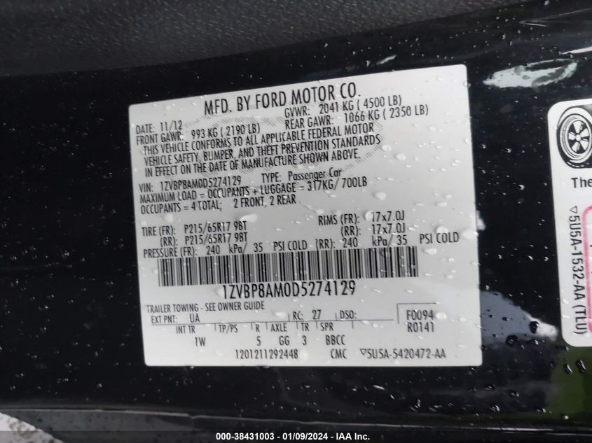 2013 FORD MUSTANG V6 - 1ZVBP8AM0D5274129