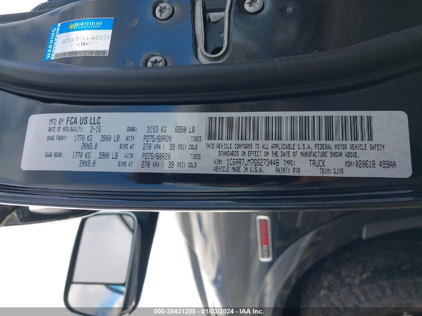 2016 RAM 1500 LARAMIE - 1C6RR7JM7GS273448