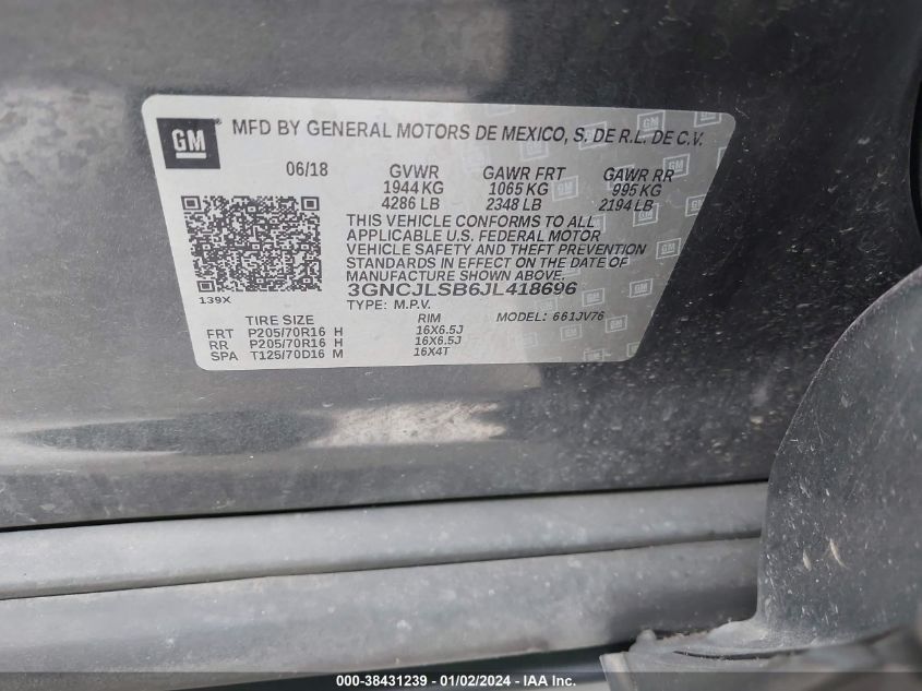2018 CHEVROLET TRAX LT - 3GNCJLSB6JL418696