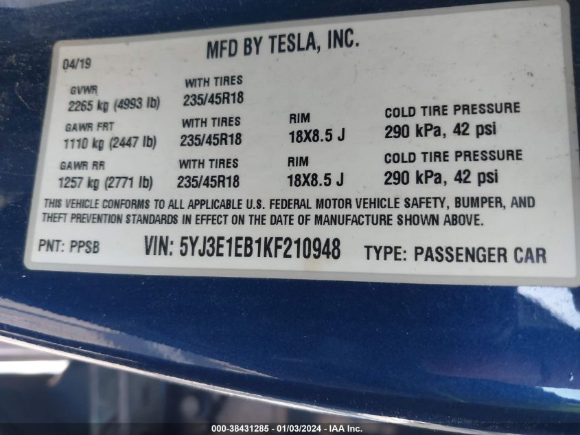 2019 TESLA MODEL 3 - 5YJ3E1EB1KF210948