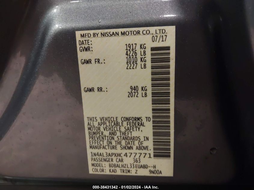 2017 NISSAN ALTIMA 2.5 SR - 1N4AL3APXHC477771