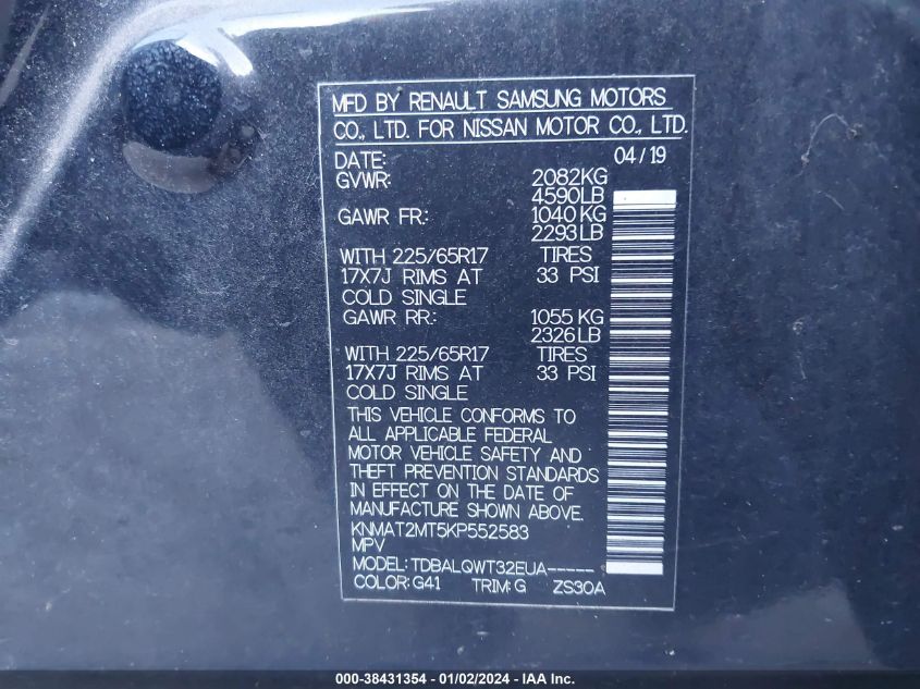 2019 NISSAN ROGUE SV - KNMAT2MT5KP552583