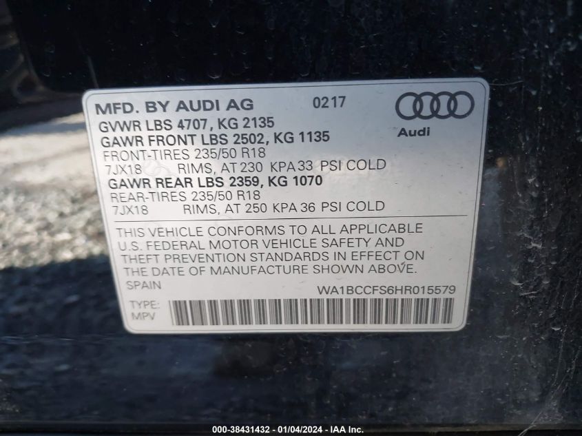 2017 AUDI Q3 PREMIUM - WA1BCCFS6HR015579