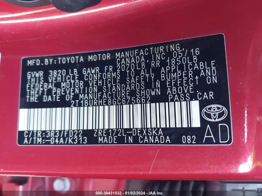 2016 TOYOTA COROLLA S PLUS - 2T1BURHE8GC675662