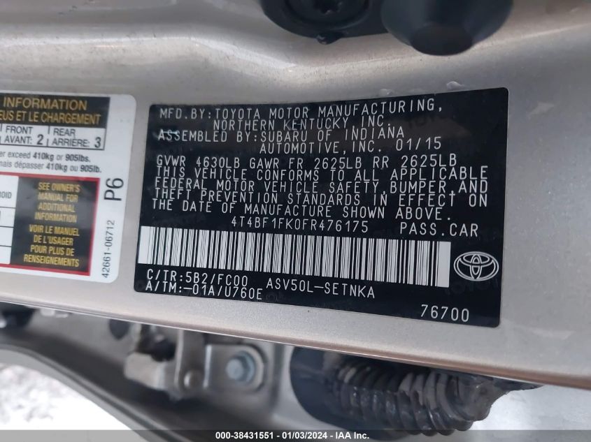 2015 TOYOTA CAMRY LE - 4T4BF1FK0FR476175