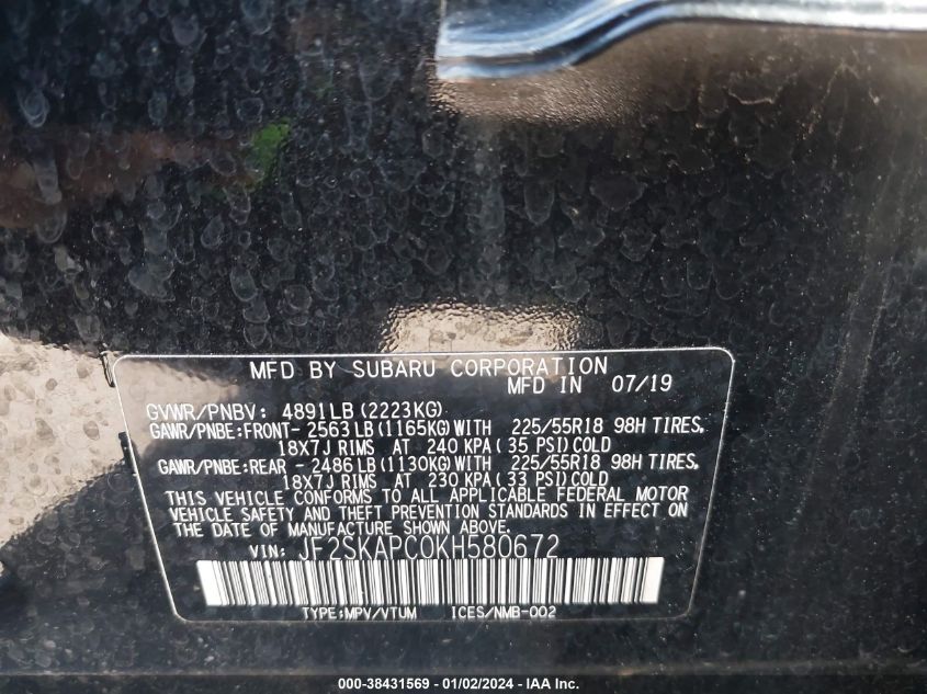 2019 SUBARU FORESTER SPORT - JF2SKAPC0KH580672