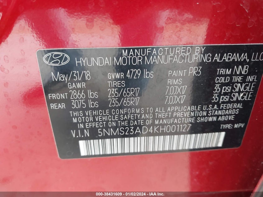VIN 5NMS23AD4KH001127 2019 HYUNDAI SANTA FE SE