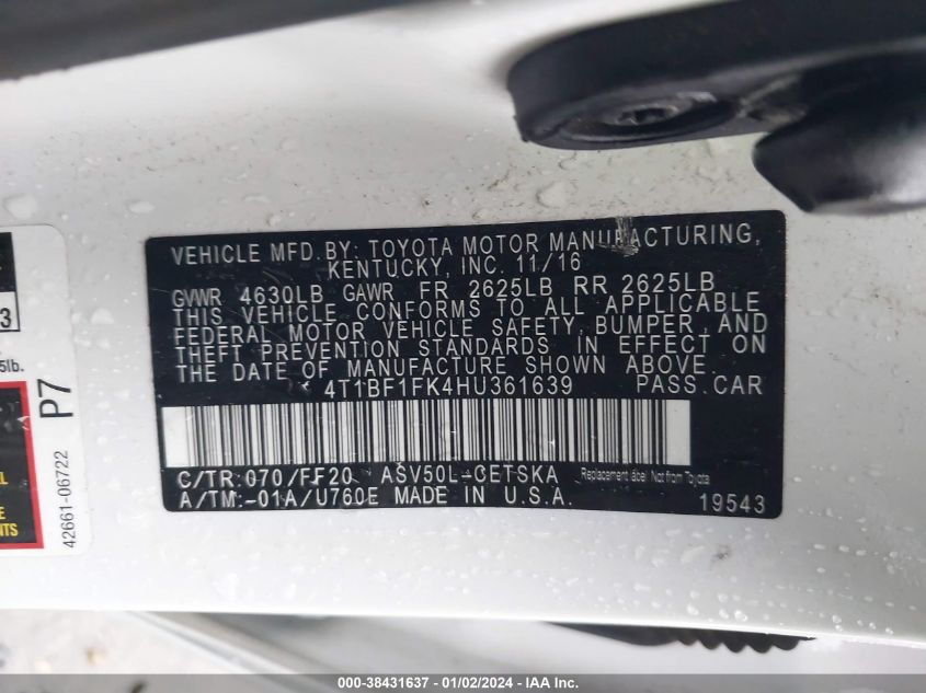 2017 TOYOTA CAMRY SE - 4T1BF1FK4HU361639