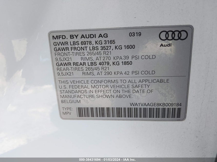 VIN WA1VAAGE8KB009184 2019 AUDI E-TRON PREMIUM PLUS