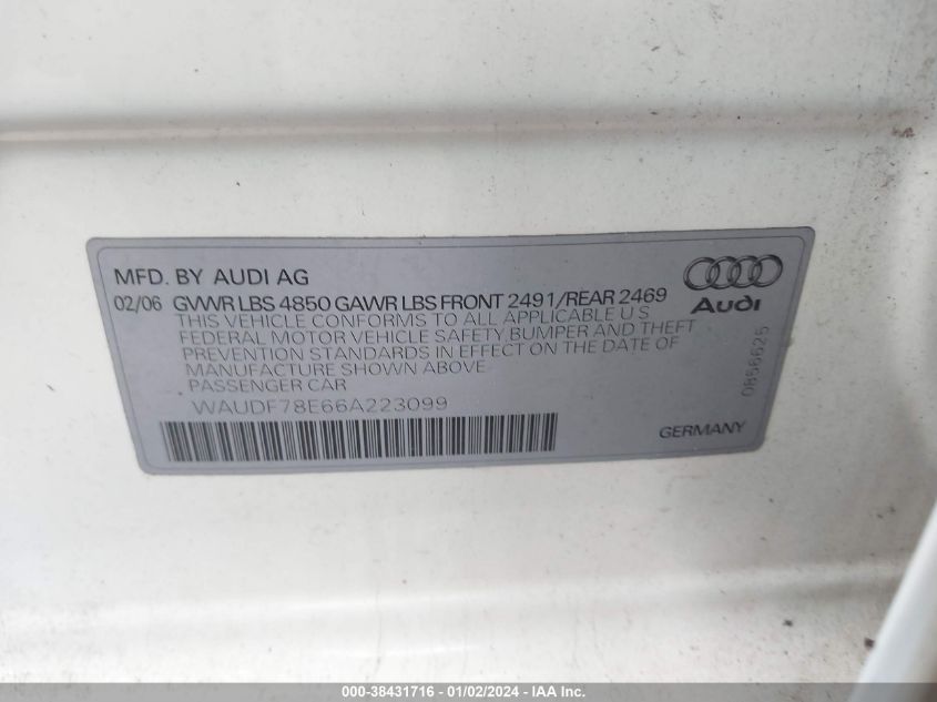 WAUDF78E66A223099 | 2006 AUDI A4