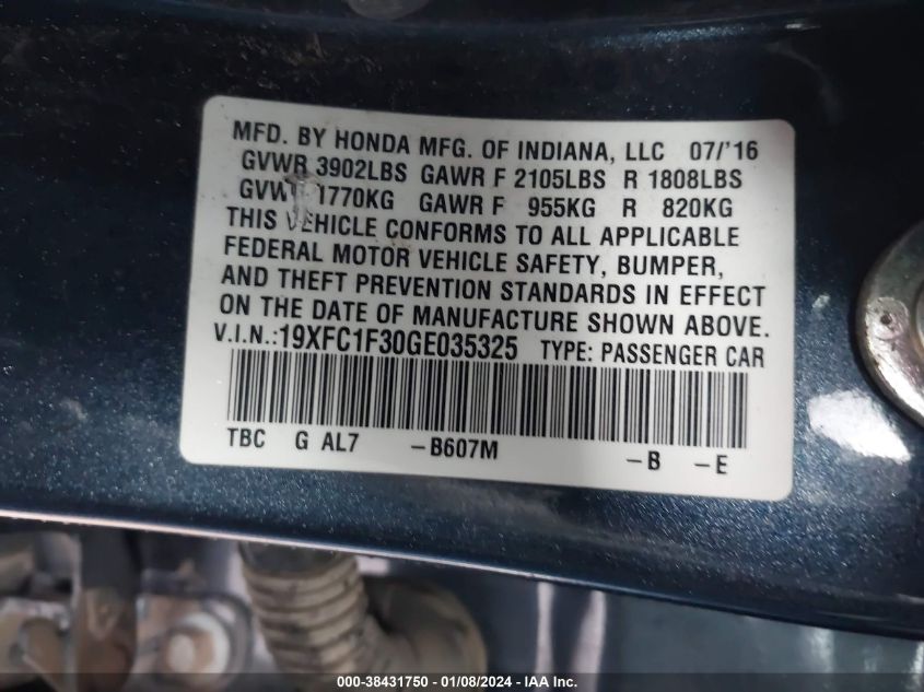 2016 HONDA CIVIC EX - 19XFC1F30GE035325