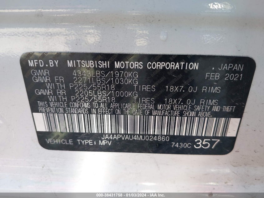 VIN JA4APVAU4MU024860 2021 MITSUBISHI OUTLANDER SPORT SE