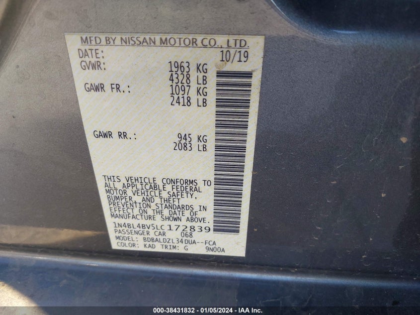 VIN 1N4BL4BV5LC172839 2020 NISSAN ALTIMA S FWD