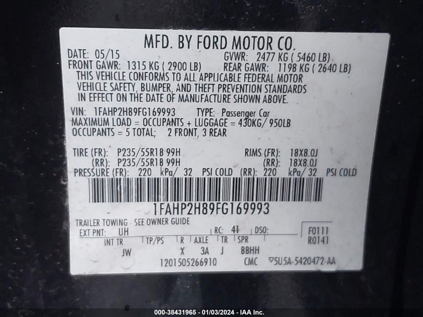 2015 FORD TAURUS SEL - 1FAHP2H89FG169993
