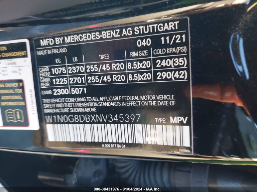 2022 MERCEDES-BENZ GLC 300 300 - W1N0G8DBXNV345397