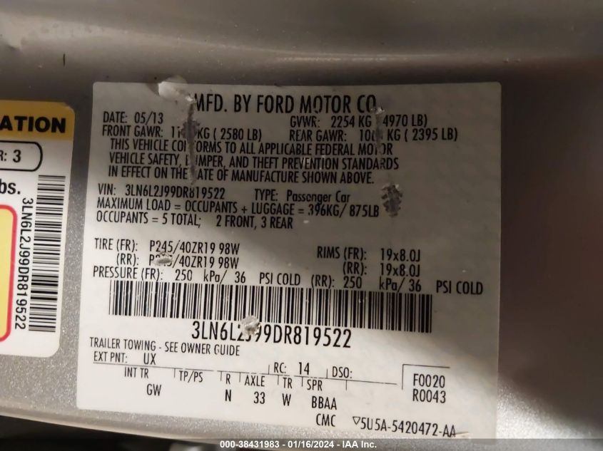 2013 LINCOLN MKZ - 3LN6L2J99DR819522