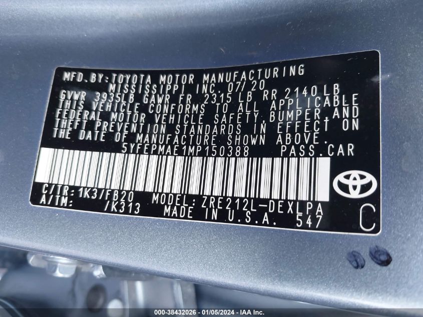 2021 TOYOTA COROLLA LE - 5YFEPMAE1MP150388