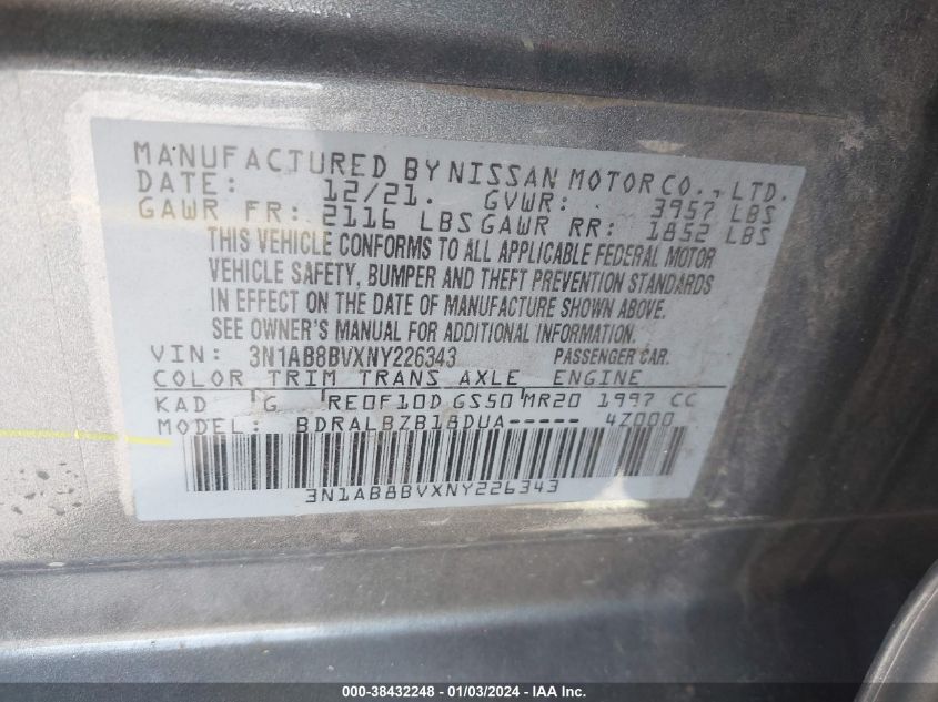 2022 NISSAN SENTRA S XTRONIC CVT - 3N1AB8BVXNY226343