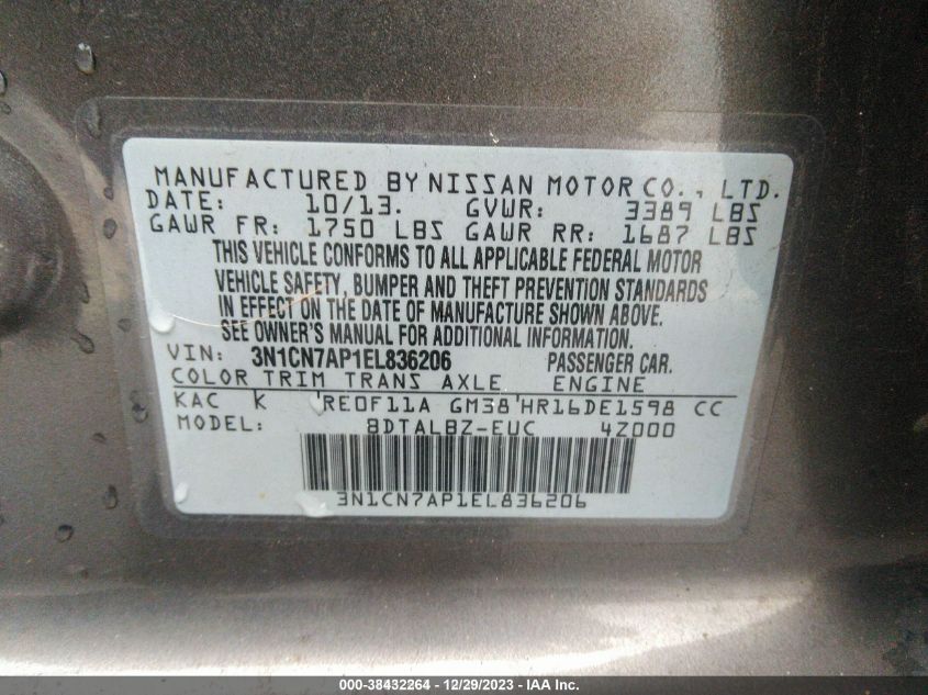 2014 NISSAN VERSA 1.6 SV - 3N1CN7AP1EL836206
