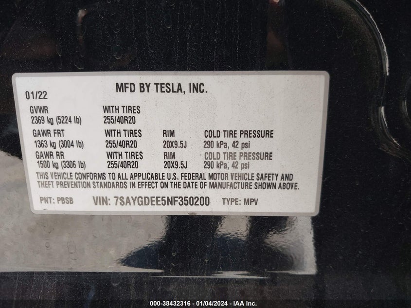 VIN 7SAYGDEE5NF350200 2022 TESLA MODEL Y
