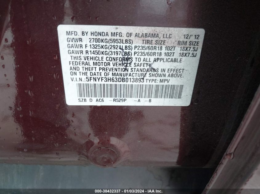 2013 HONDA PILOT EXL - 5FNYF3H63DB013893
