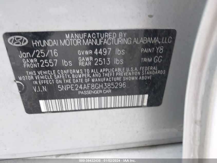 5NPE24AF8GH385296 | 2016 HYUNDAI SONATA