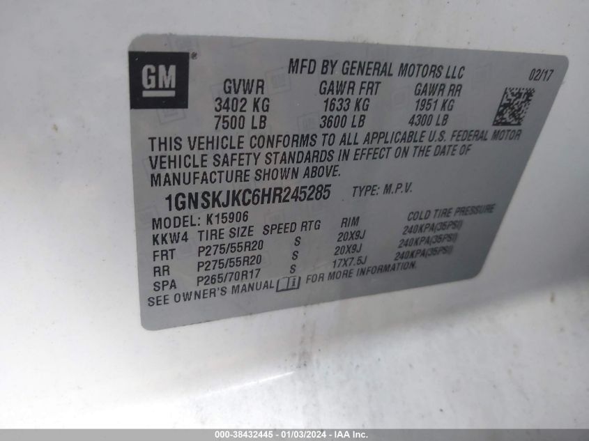 2017 CHEVROLET SUBURBAN K1500 PREMIER - 1GNSKJKC6HR245285