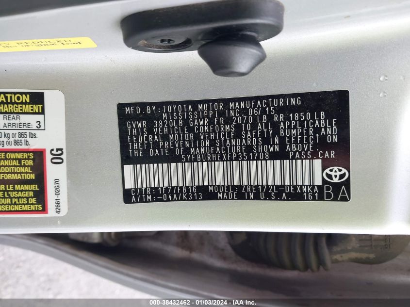 2015 TOYOTA COROLLA L/LE/LE PLS/PRM/S/S PLS - 5YFBURHEXFP351708