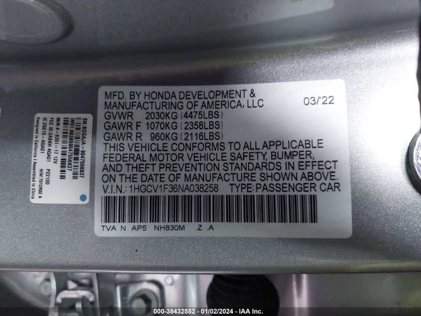 2022 HONDA ACCORD SPORT - 1HGCV1F36NA038258