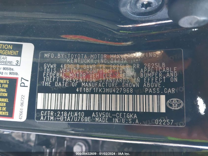 2017 TOYOTA CAMRY XLE - 4T1BF1FK3HU427968