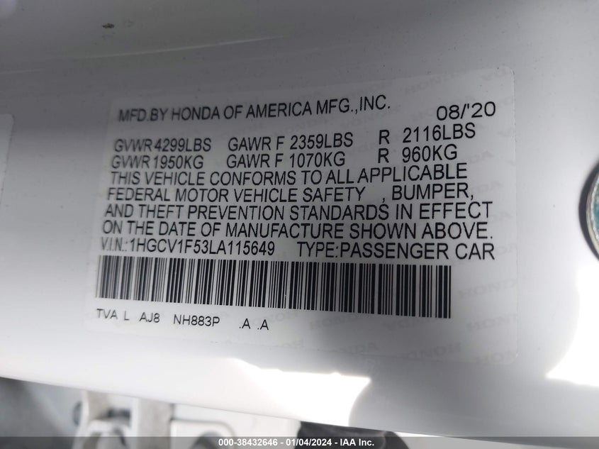 VIN 1HGCV1F53LA115649 2020 HONDA ACCORD EXL