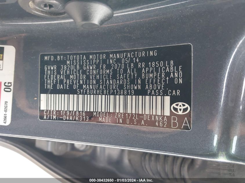 2014 TOYOTA COROLLA L/LE/LE PLS/PRM/S/S PLS - 5YFBURHE8EP138819