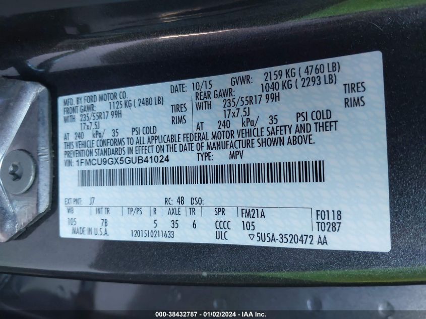2016 FORD ESCAPE SE - 1FMCU9GX5GUB41024