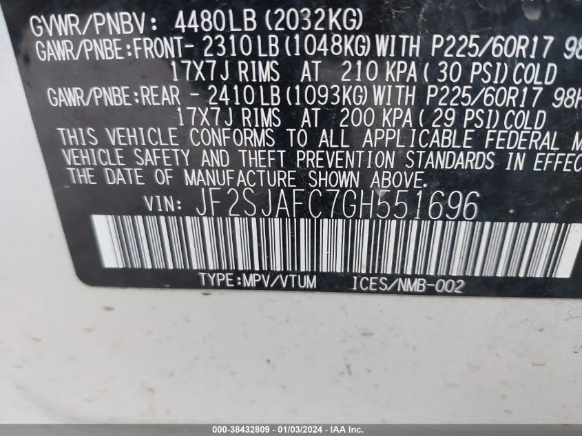 2016 SUBARU FORESTER 2.5I PREMIUM - JF2SJAFC7GH551696