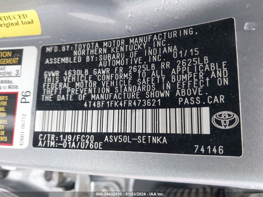 2015 TOYOTA CAMRY LE/XLE/SE/XSE - 4T4BF1FK4FR473621