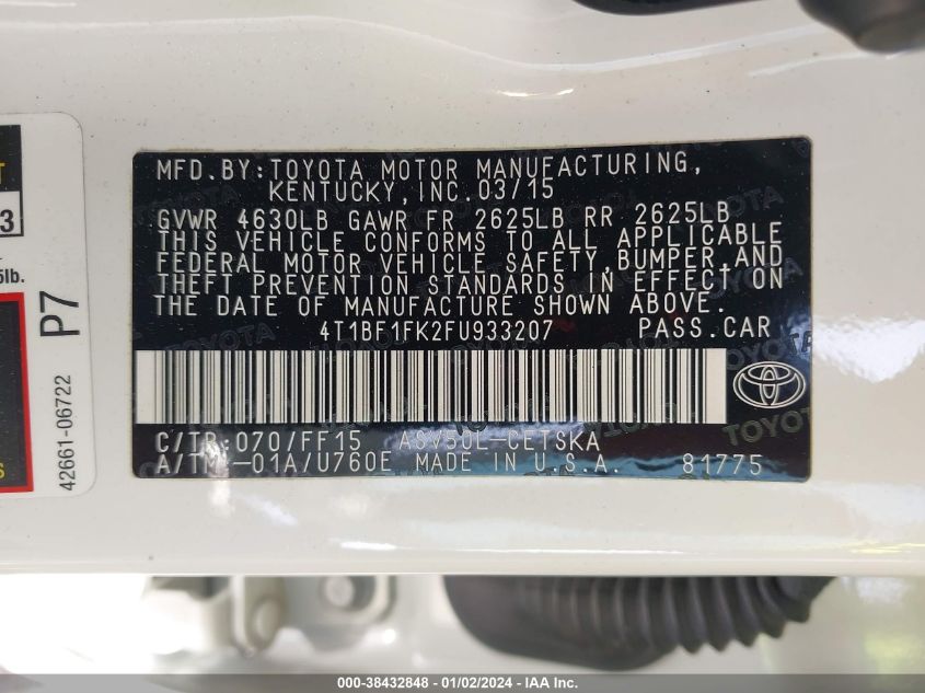 2015 TOYOTA CAMRY SE - 4T1BF1FK2FU933207